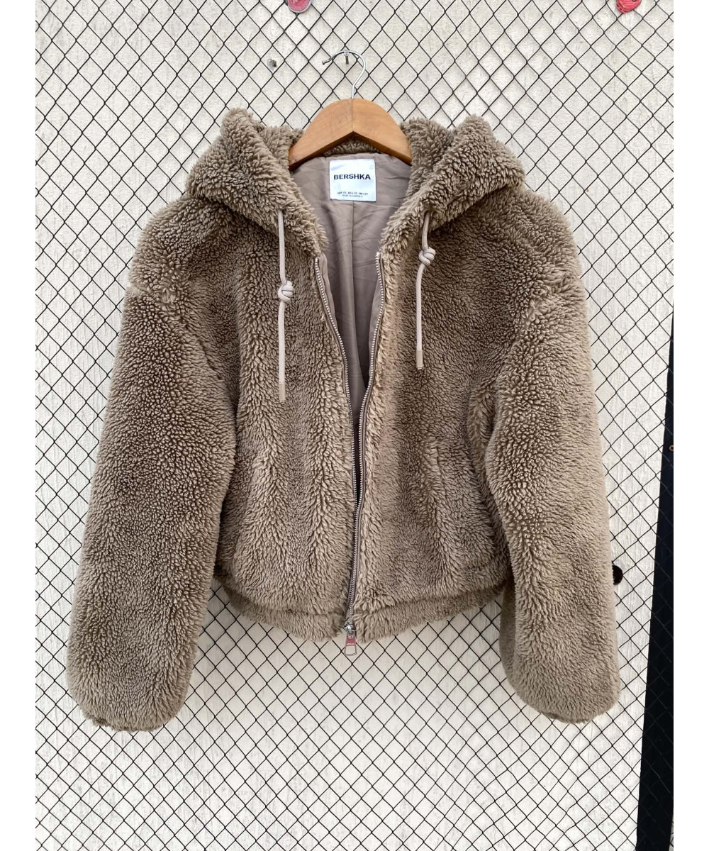 Brown, teddy, crop, hooded, zipper jacket