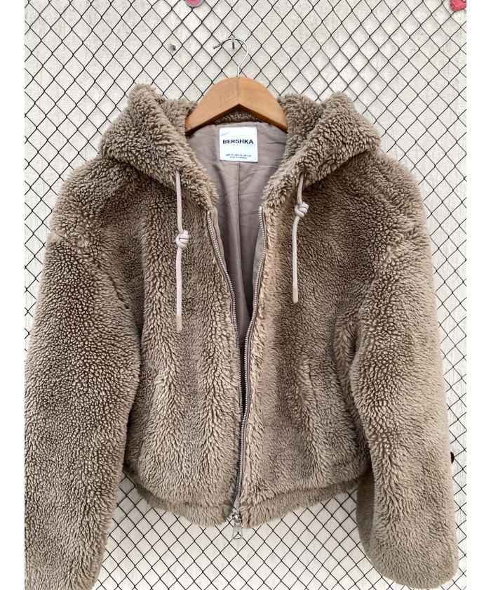 Brown, teddy, crop, hooded, zipper jacket