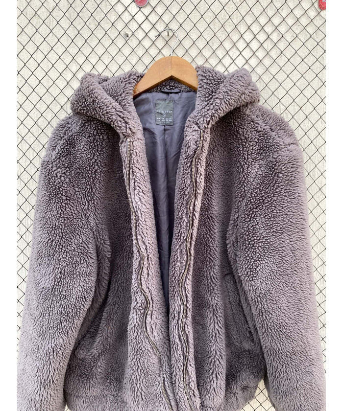 Dark gray, teddy, hooded, zipper jacket