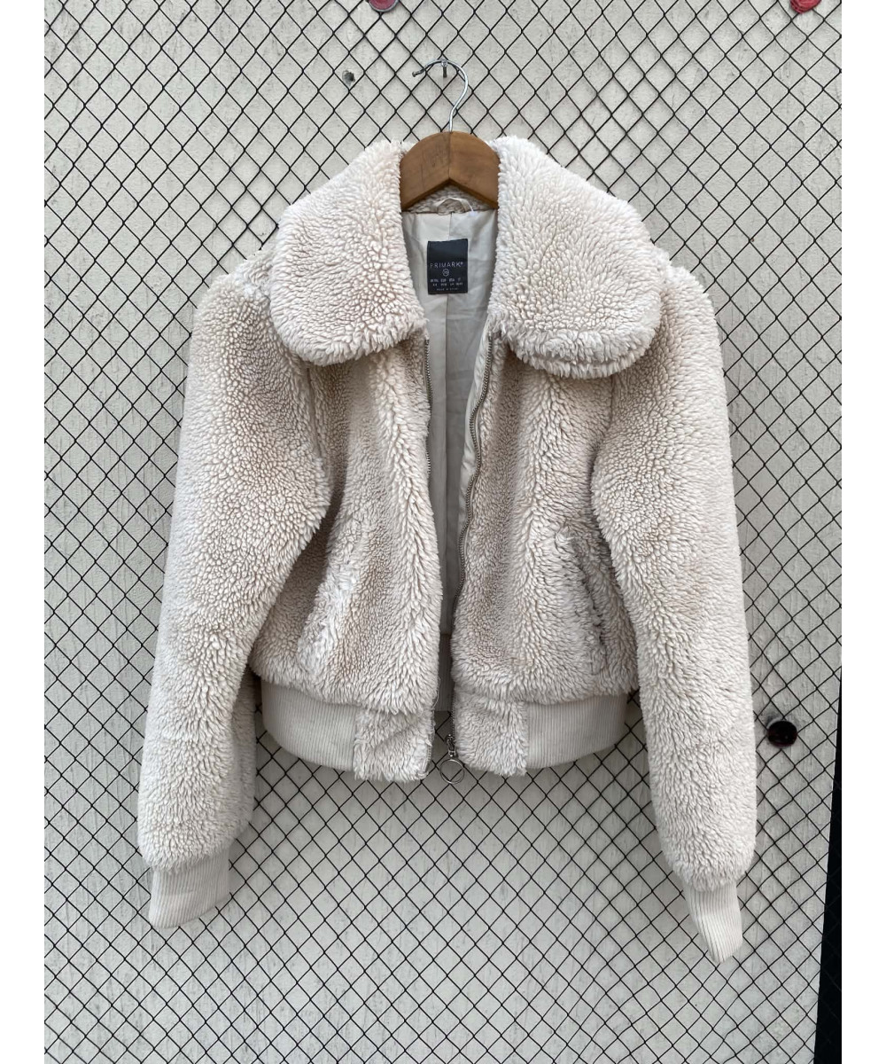 Off-white colored, crop, teddy, zipper jacket
