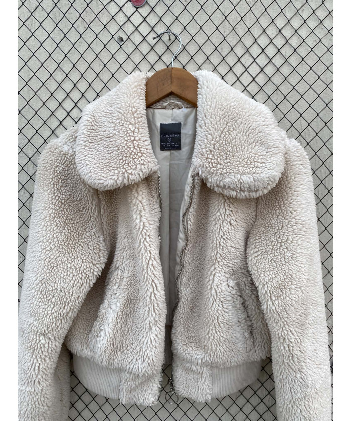 Off-white colored, crop, teddy, zipper jacket