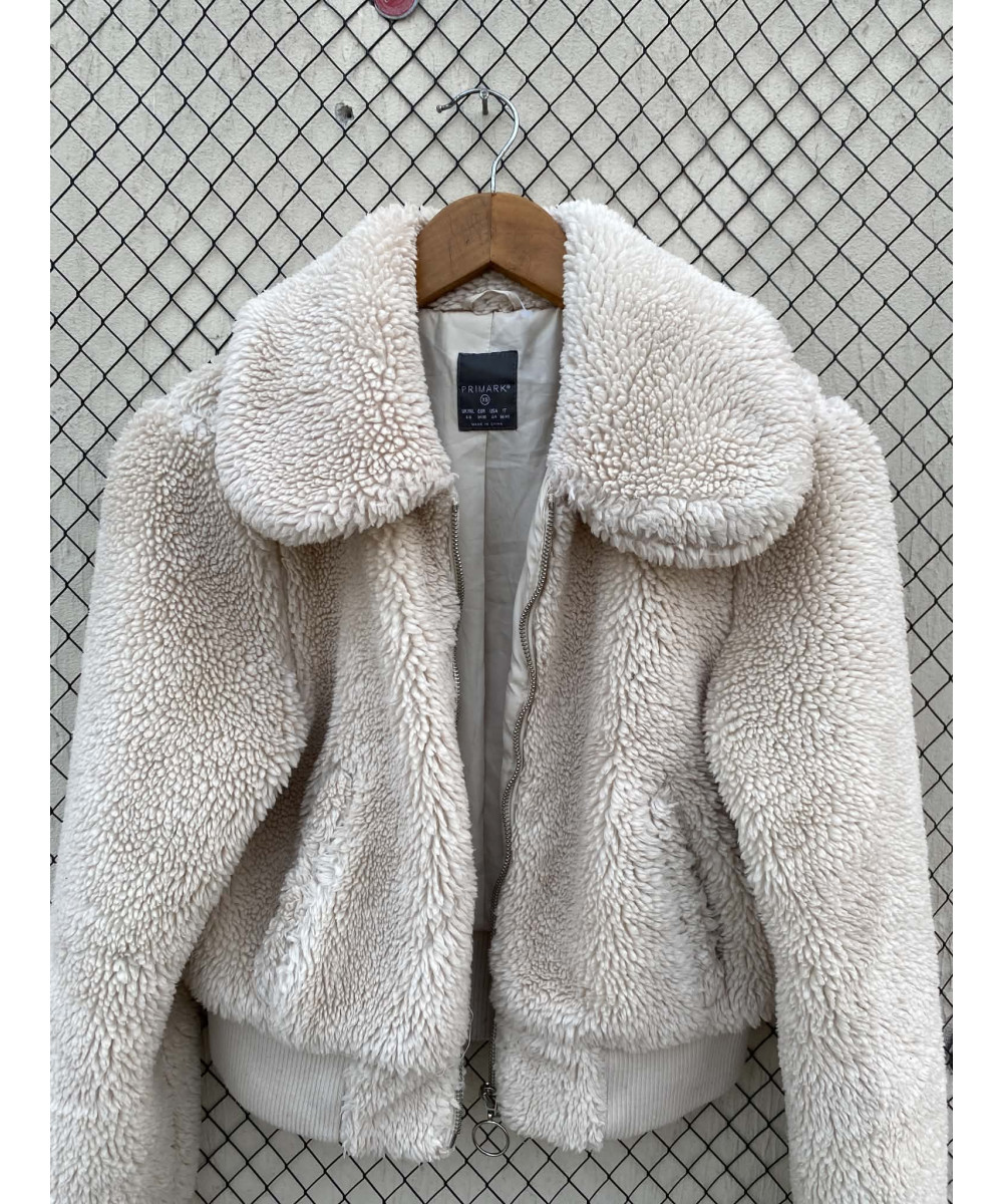 Off-white colored, crop, teddy, zipper jacket