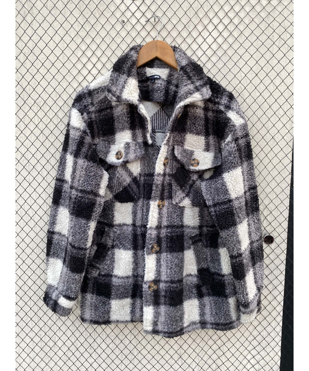 Black, checkered, teddy shacket