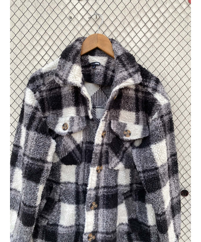 Black, checkered, teddy shacket