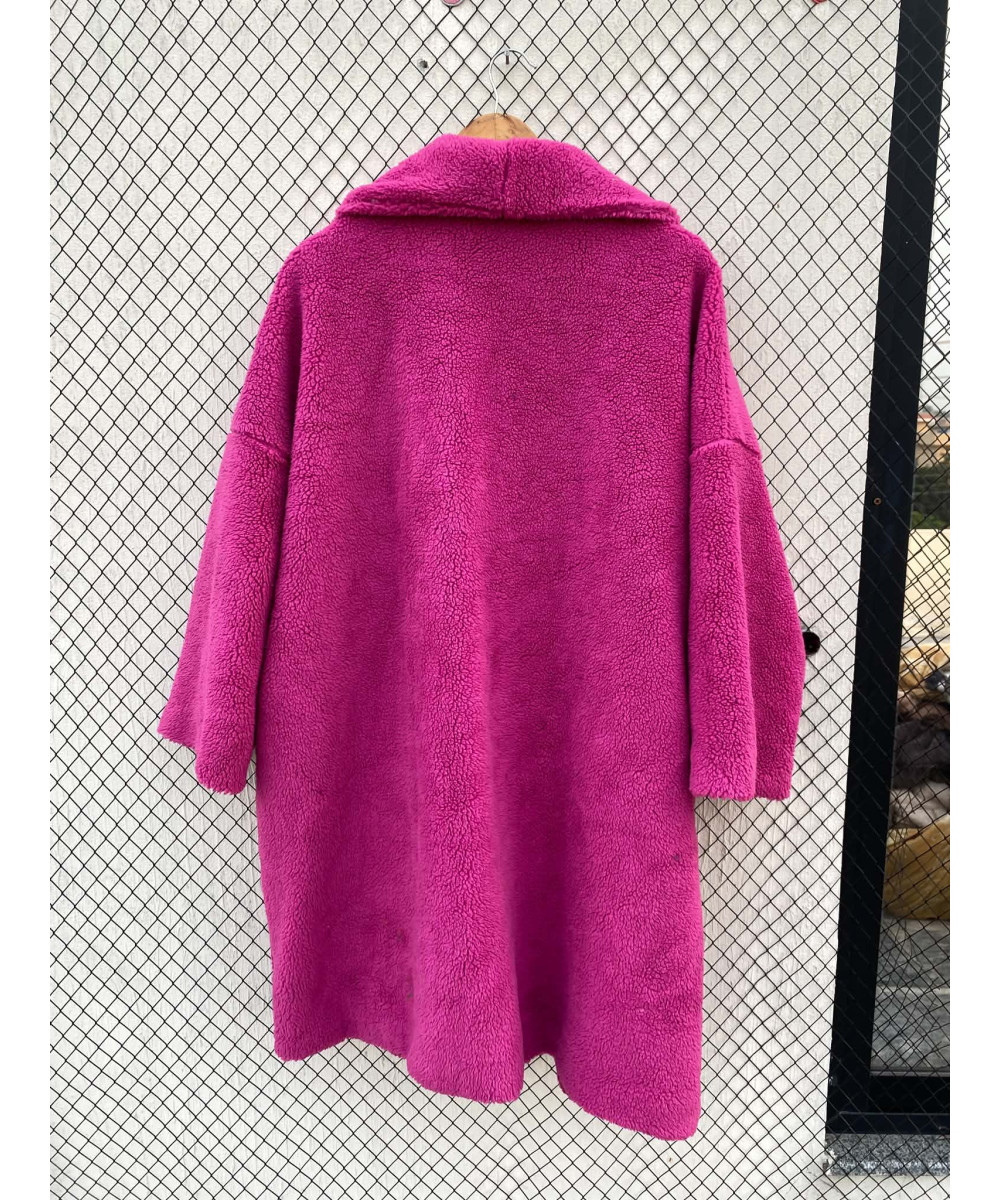 Hot pink-colored, oversized, teddy coat