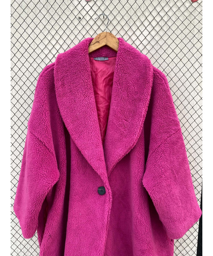 Hot pink-colored, oversized, teddy coat