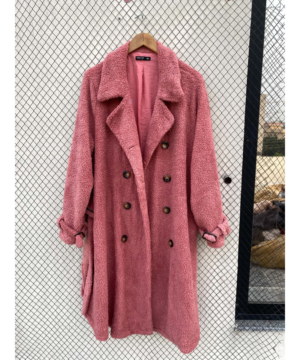 Pink, long, teddy coat