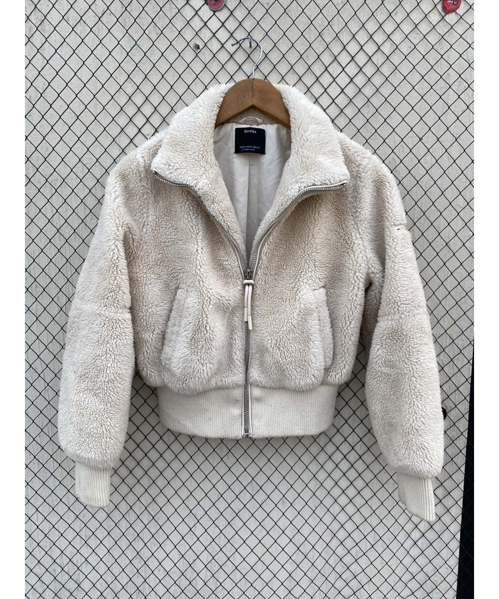 Off-white colored, teddy, crop, zipper jacket