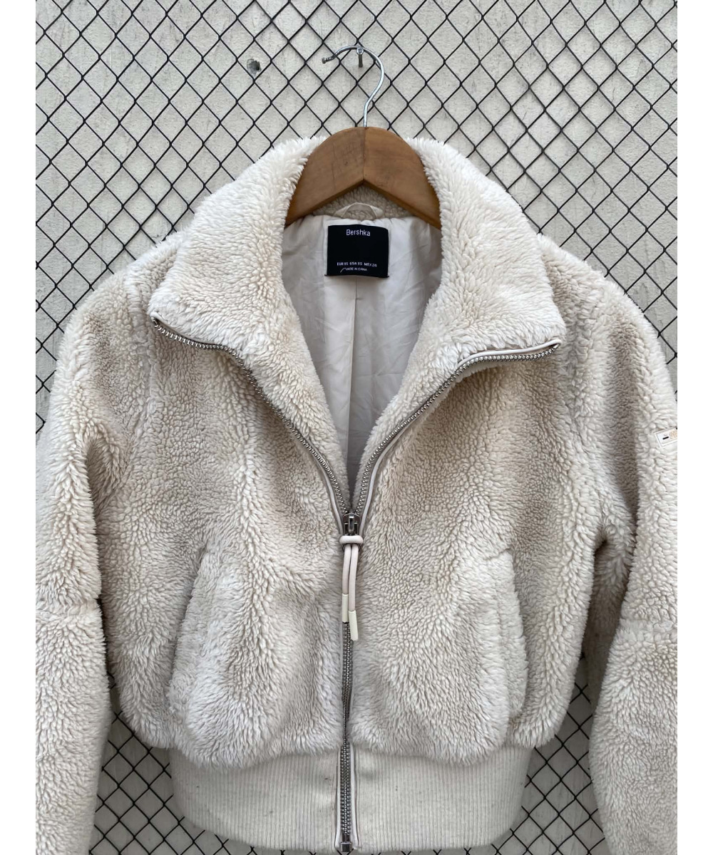 Off-white colored, teddy, crop, zipper jacket