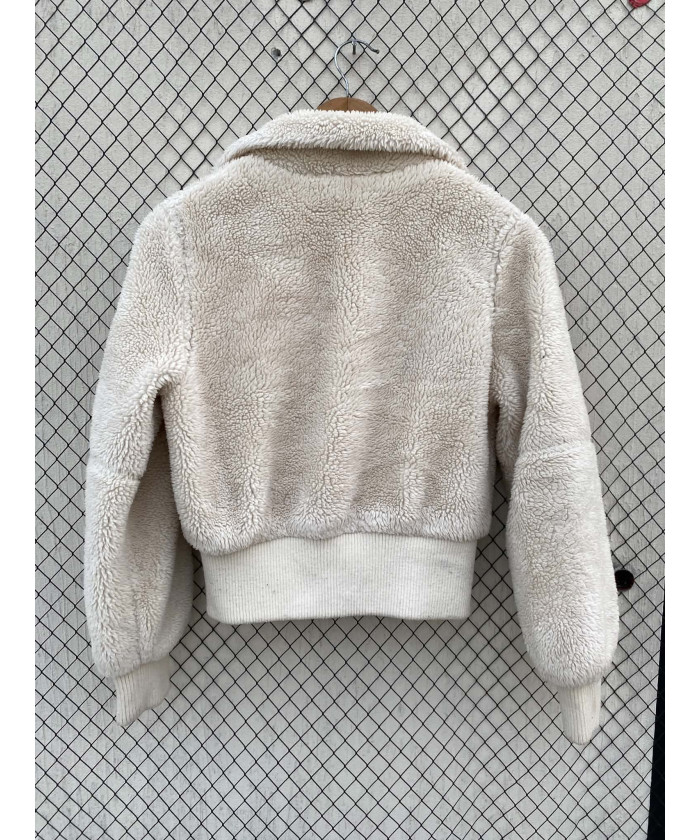 Off-white colored, teddy, crop, zipper jacket