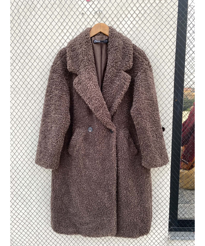 Dark brown, long, teddy coat