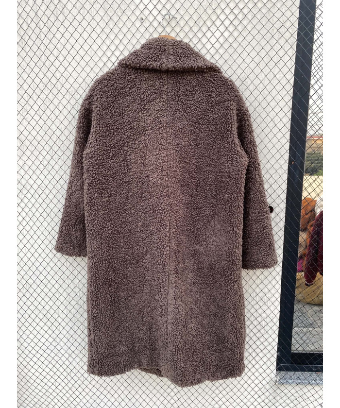 Dark brown, long, teddy coat