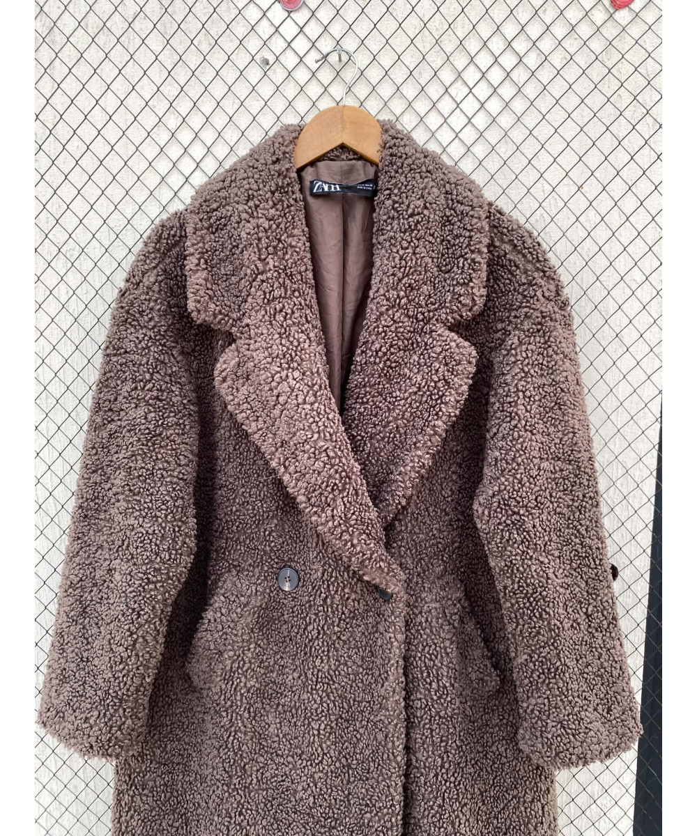 Dark brown, long, teddy coat
