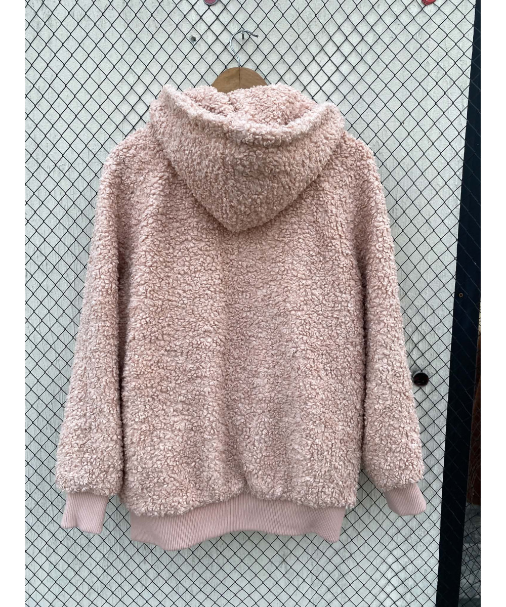 Baby pink-colored, teddy, zipper, hooded jacket