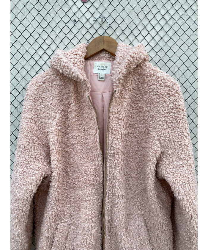 Baby pink-colored, teddy, zipper, hooded jacket