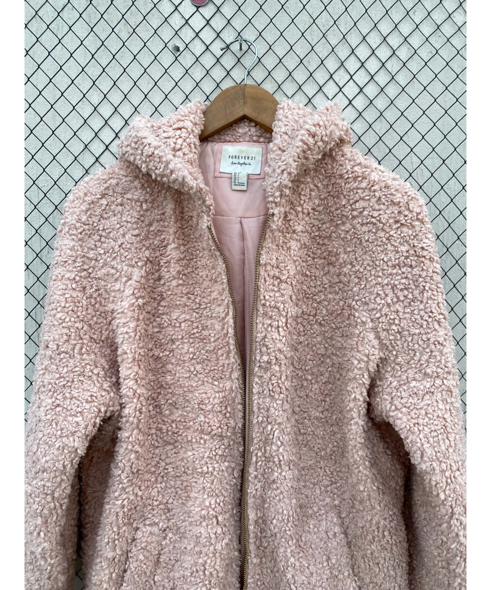 Baby pink-colored, teddy, zipper, hooded jacket