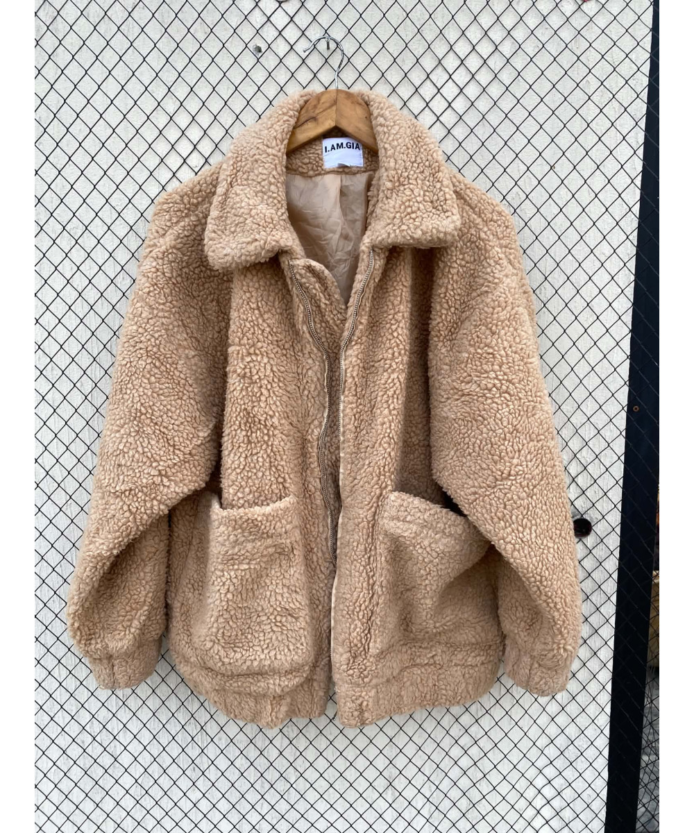 Camel-colored, teddy, zipper jacket