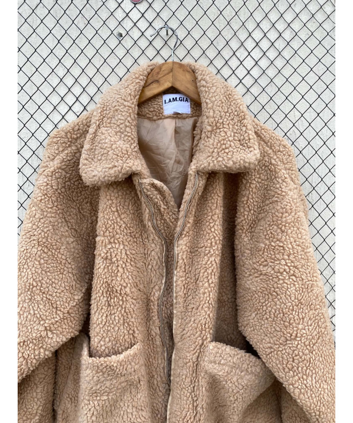Camel-colored, teddy, zipper jacket
