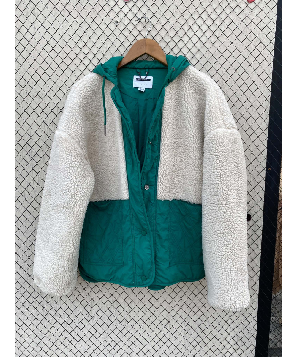 White & green, button-up, hooded jacket