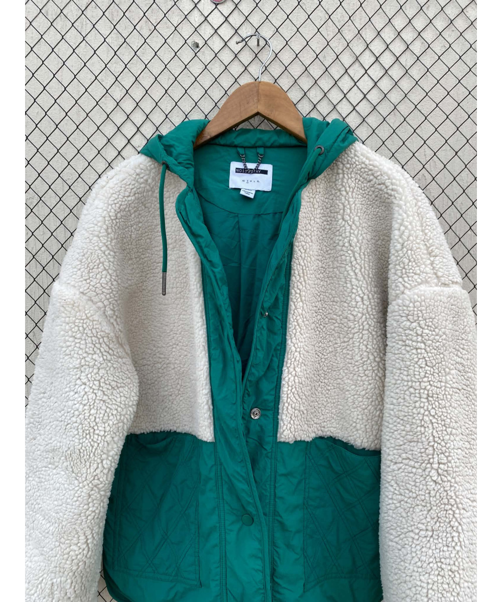 White & green, button-up, hooded jacket