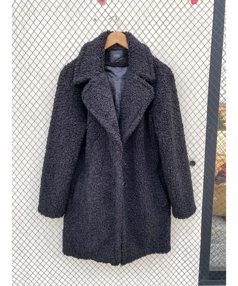 Black, mid-lengthed, teddy coat