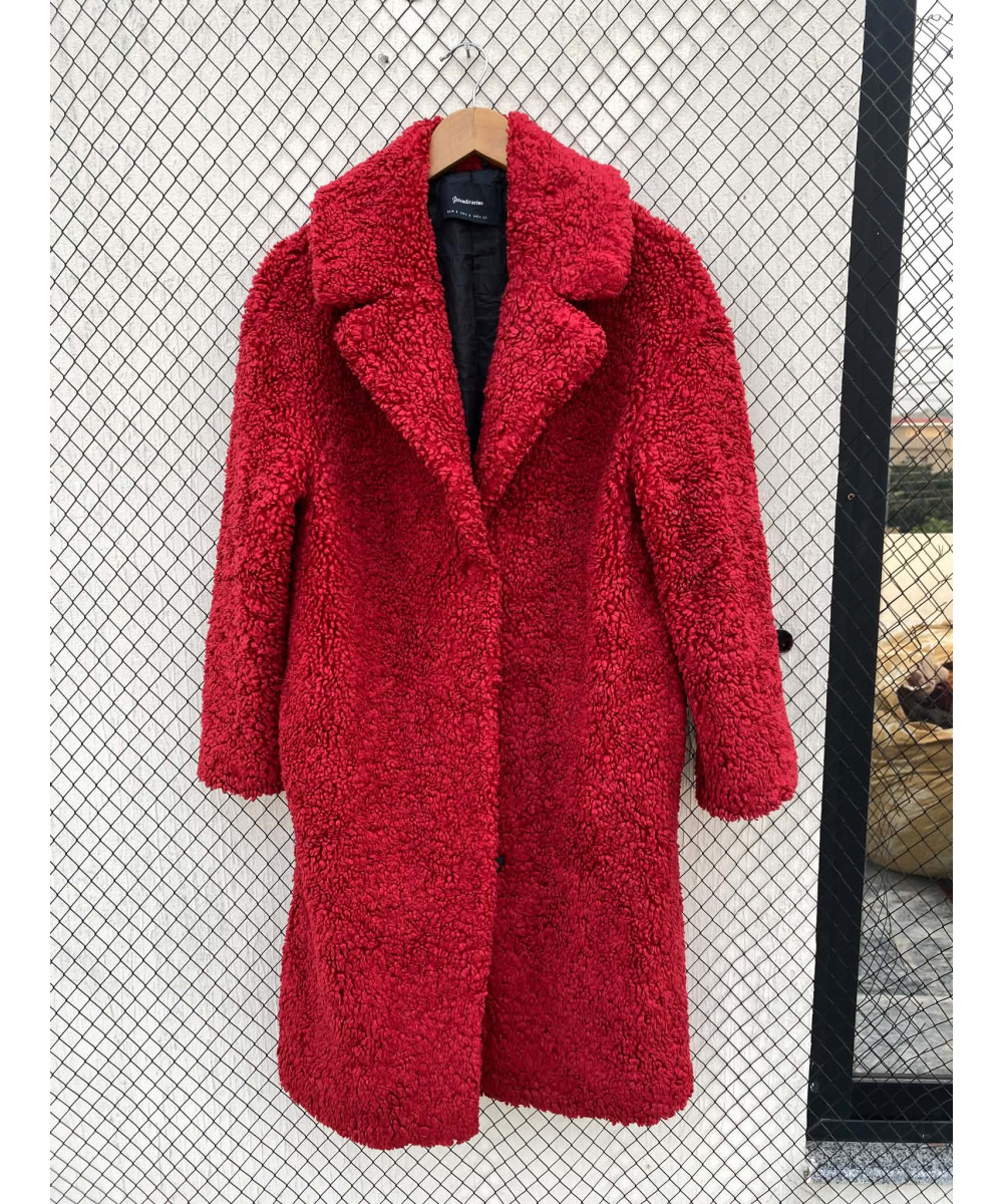 Bright red, long, teddy coat