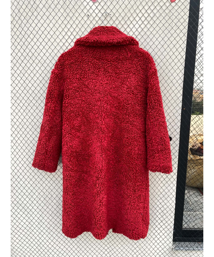 Bright red, long, teddy coat