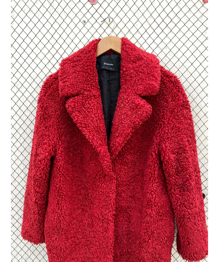 Bright red, long, teddy coat