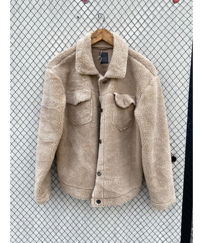 Camel-colored, teddy shacket