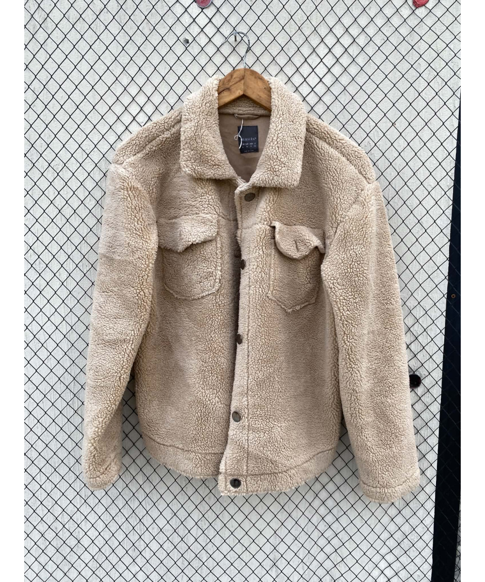 Camel-colored, teddy shacket