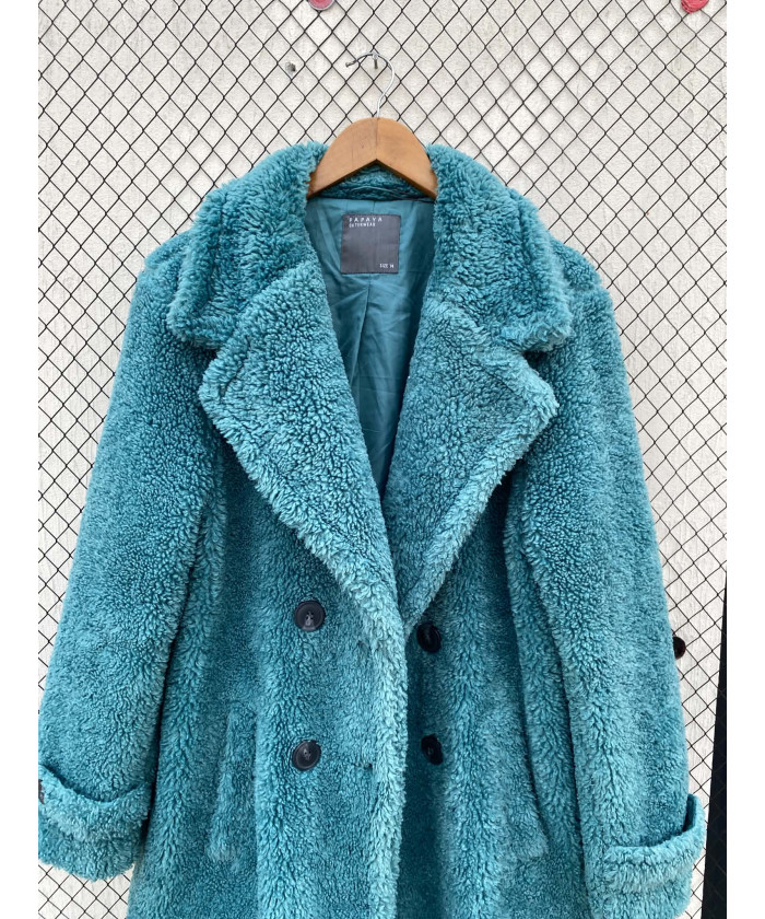Sea green-colored, long, teddy coat