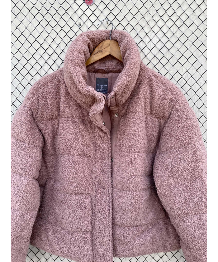 Tea pink-colored, teddy, puffer, zipper jacket