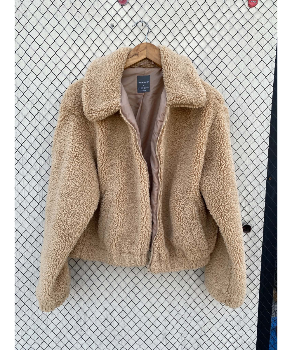 Camel-colored, teddy, zipper jacket