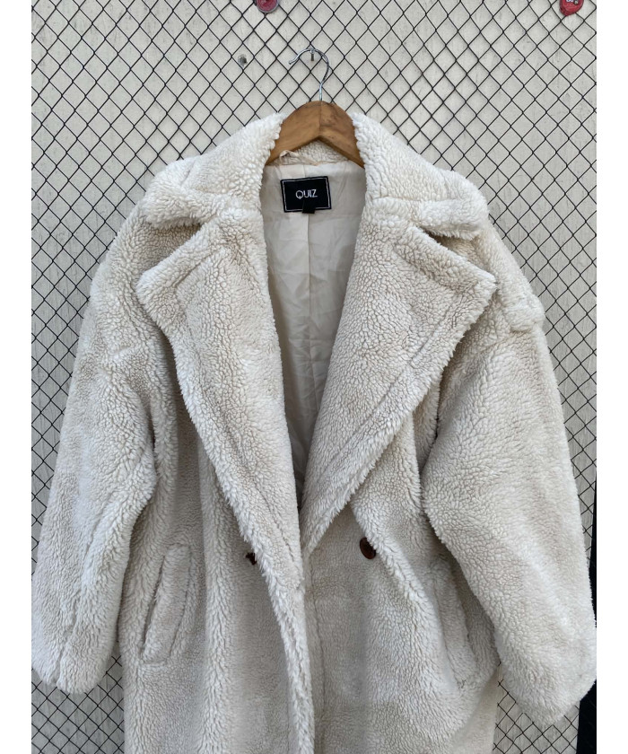 Off-white colored, long, teddy coat