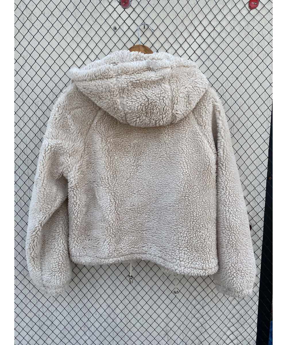 Cream-colored, teddy, hooded, zipper jacket