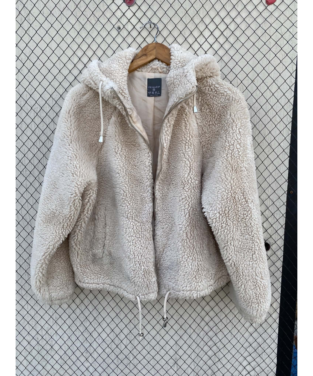 Cream-colored, teddy, hooded, zipper jacket