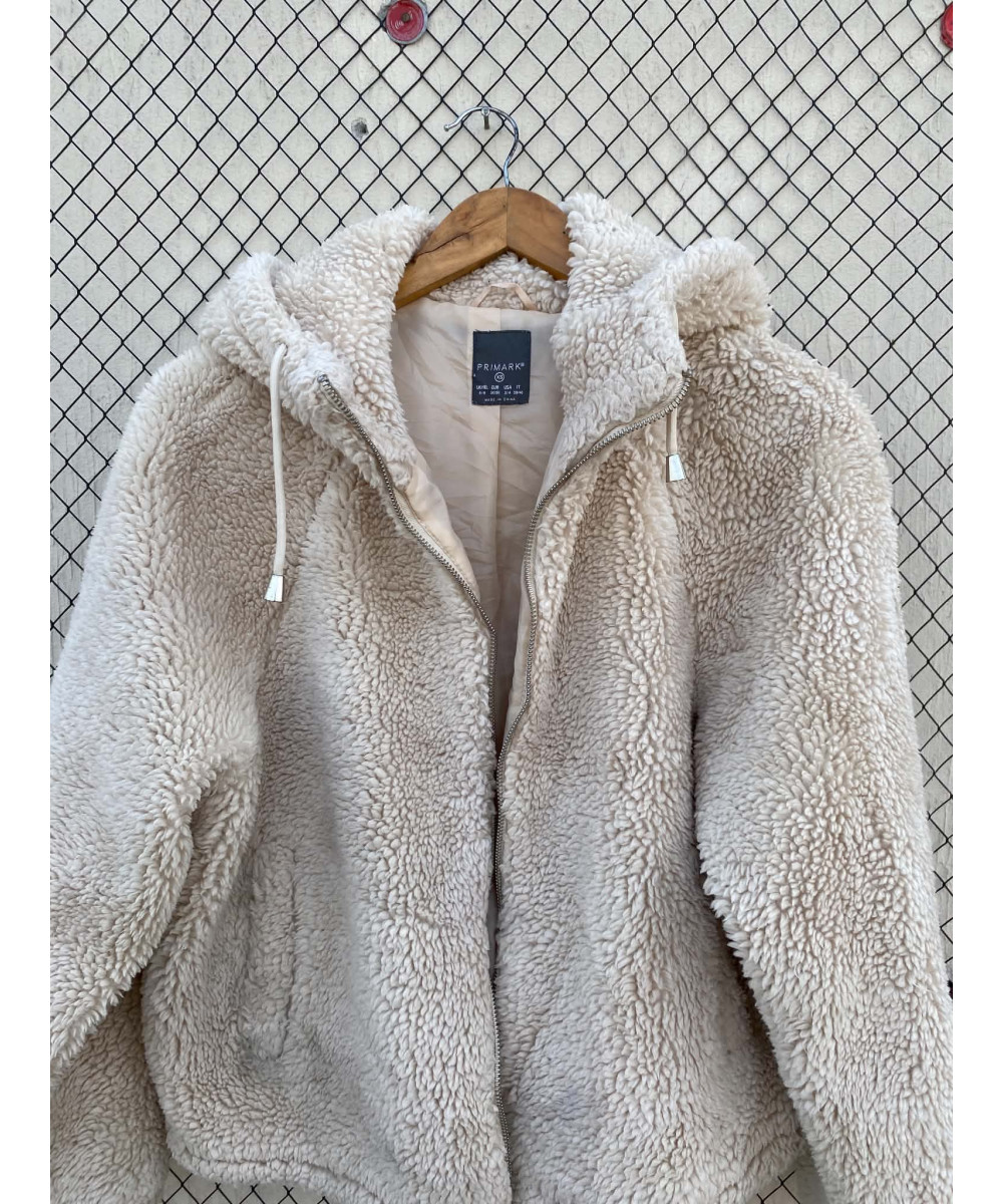 Cream-colored, teddy, hooded, zipper jacket