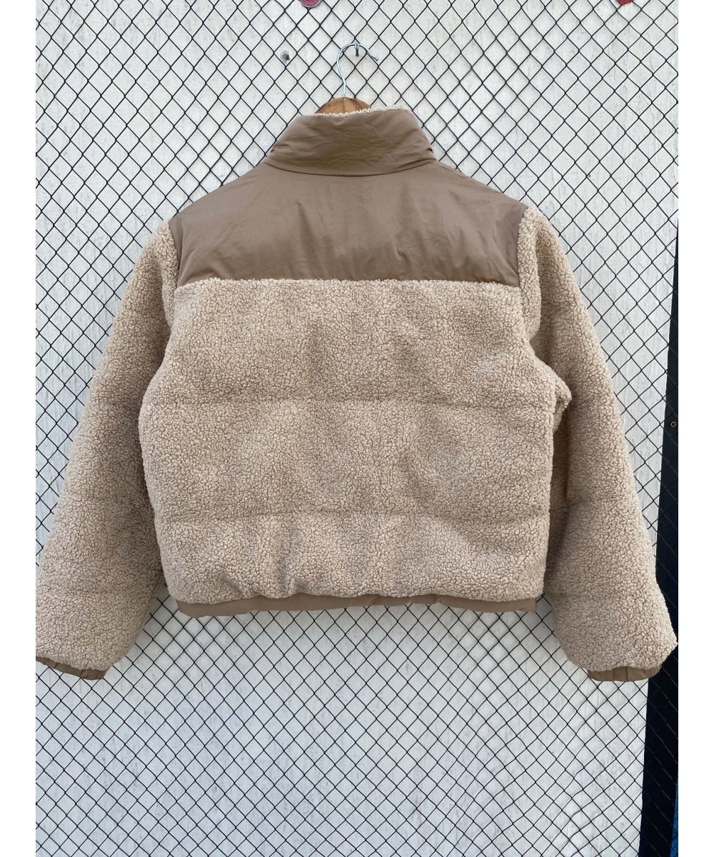 Camel-colored, teddy, puffer, zipper jacket
