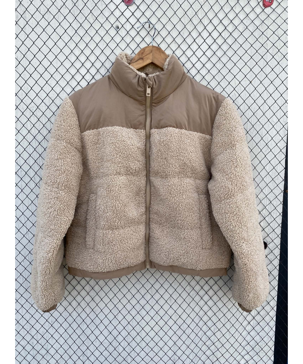 Camel-colored, teddy, puffer, zipper jacket