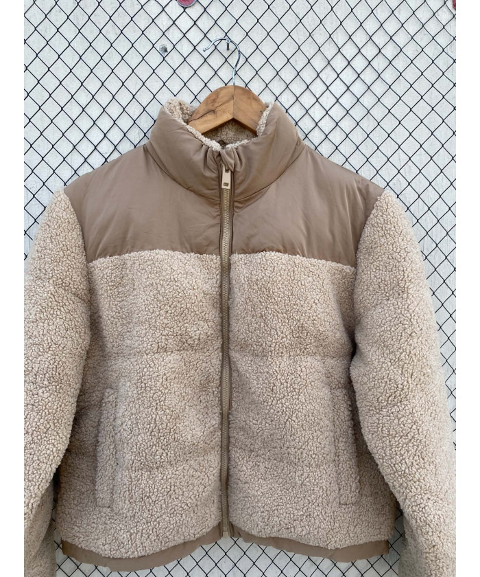 Camel-colored, teddy, puffer, zipper jacket