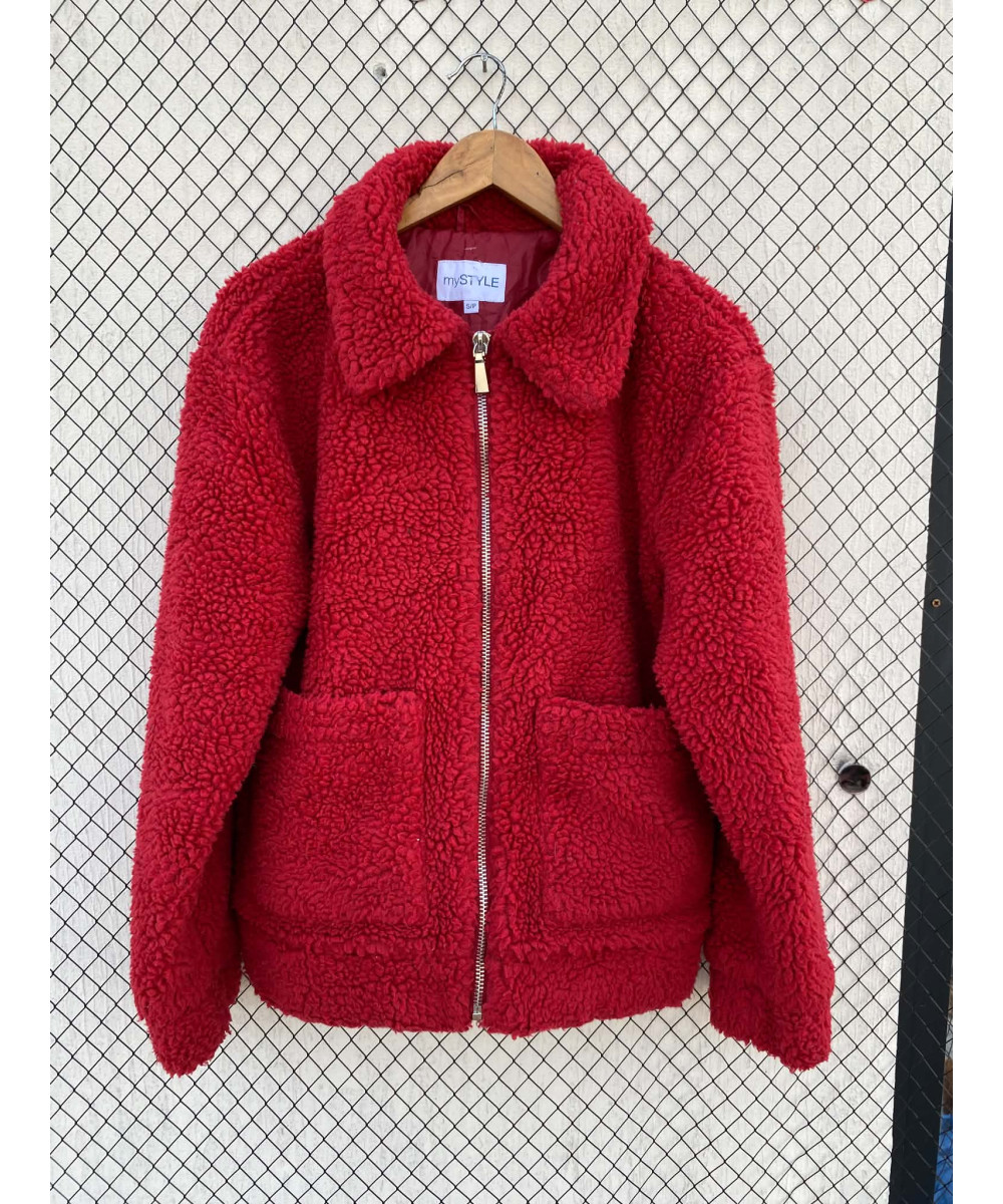 Red, teddy, zipper jacket