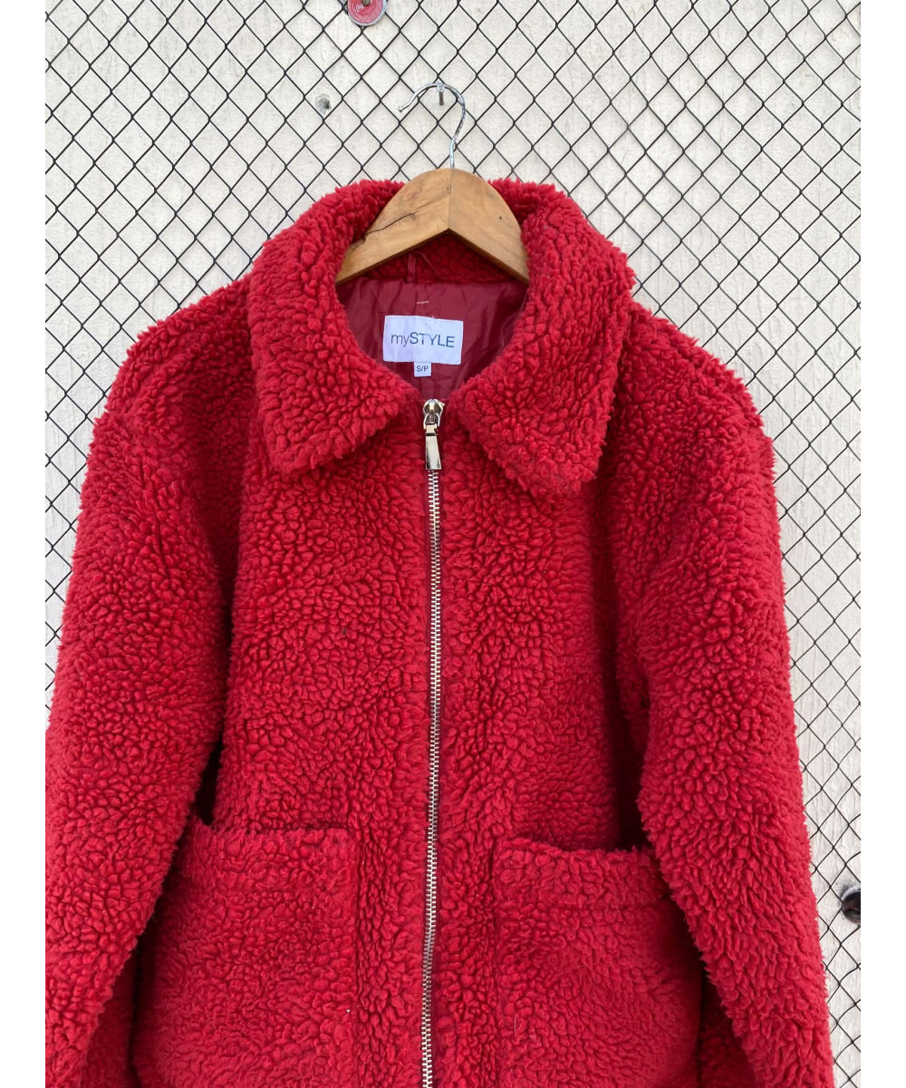 Red, teddy, zipper jacket