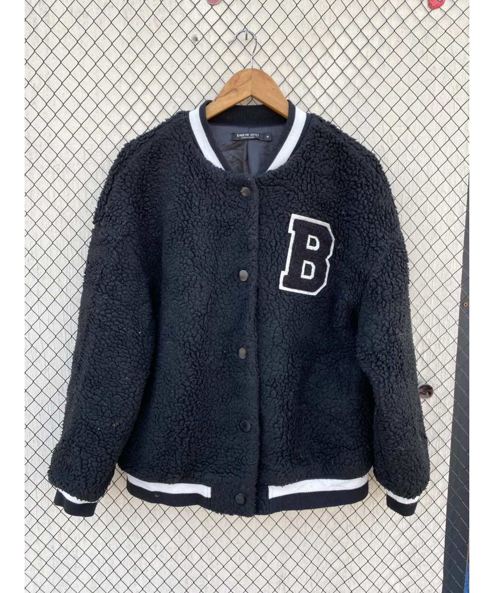 Black, teddy, button-up jacket