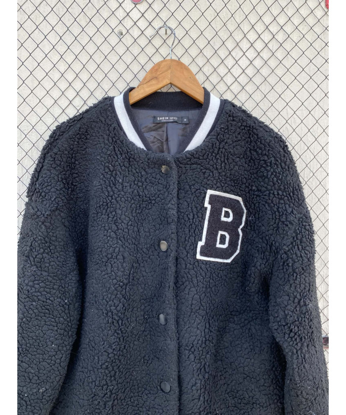 Black, teddy, button-up jacket