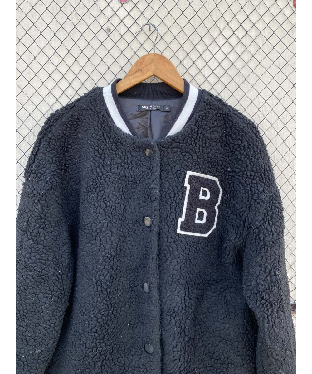 Black, teddy, button-up jacket