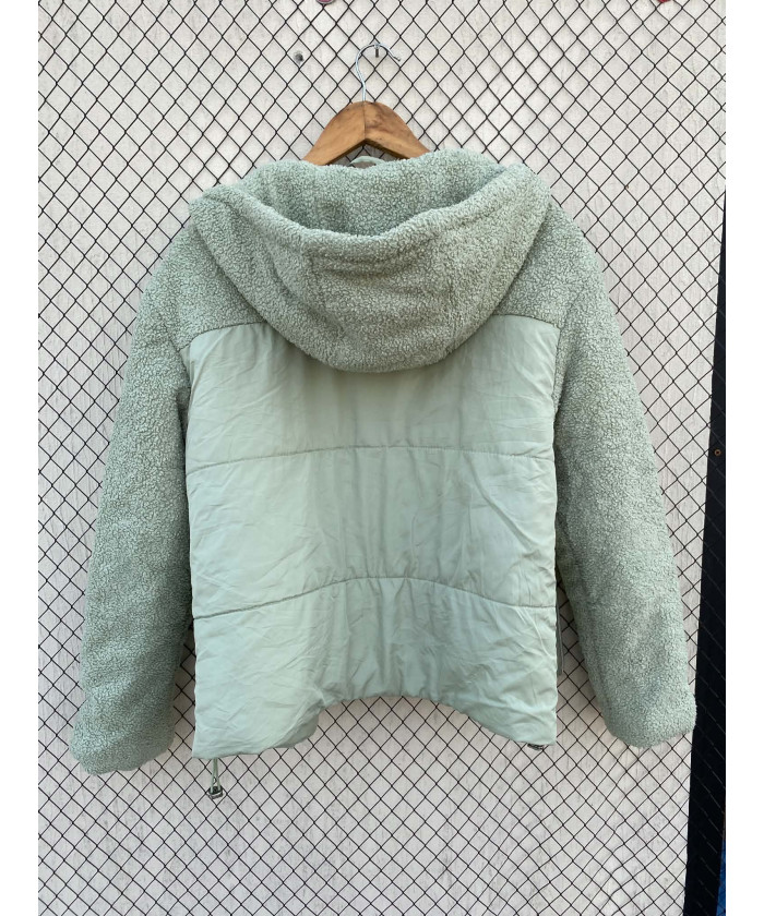 Mint green-colored, puffer, zipper, hooded jacket