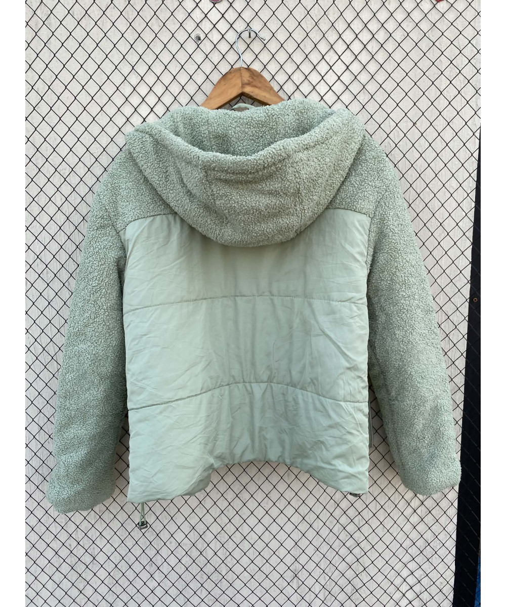 Mint green-colored, puffer, zipper, hooded jacket