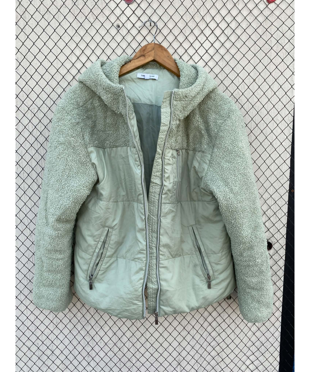 Mint green-colored, puffer, zipper, hooded jacket