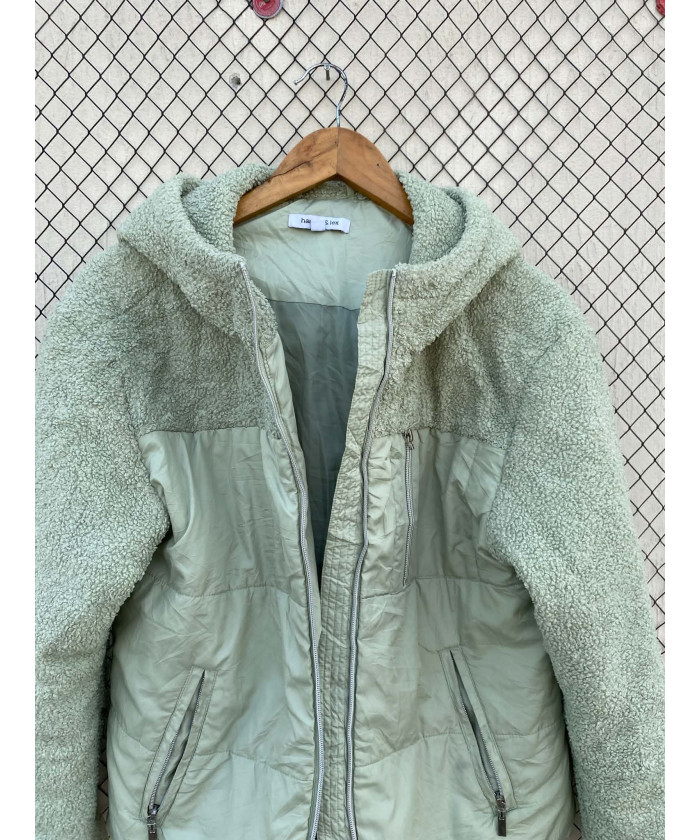 Mint green-colored, puffer, zipper, hooded jacket