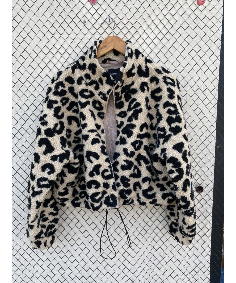 Leopard printed, teddy, crop, zipper jacket